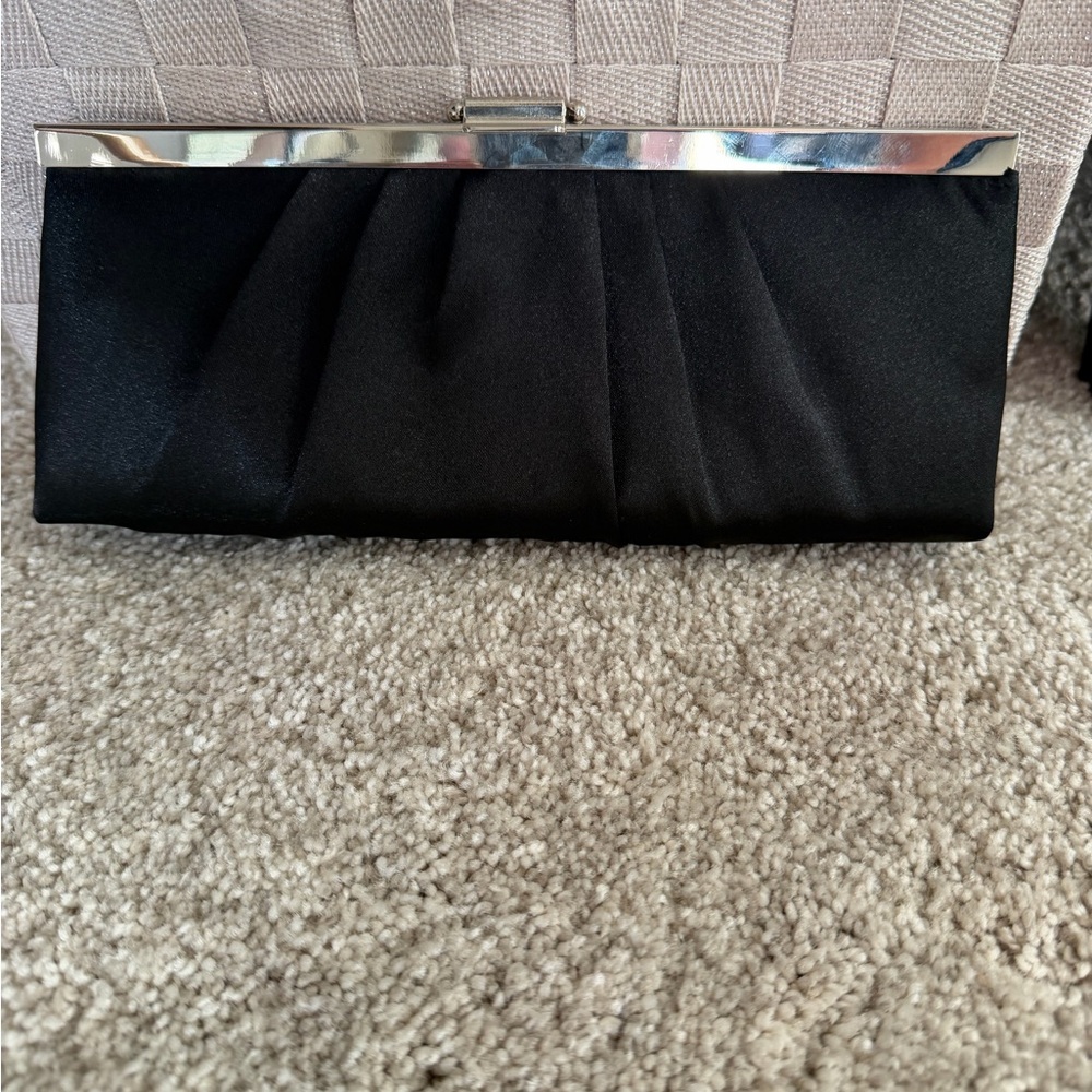 Jessica McClintock Black Satin Clutch with Silver Frame